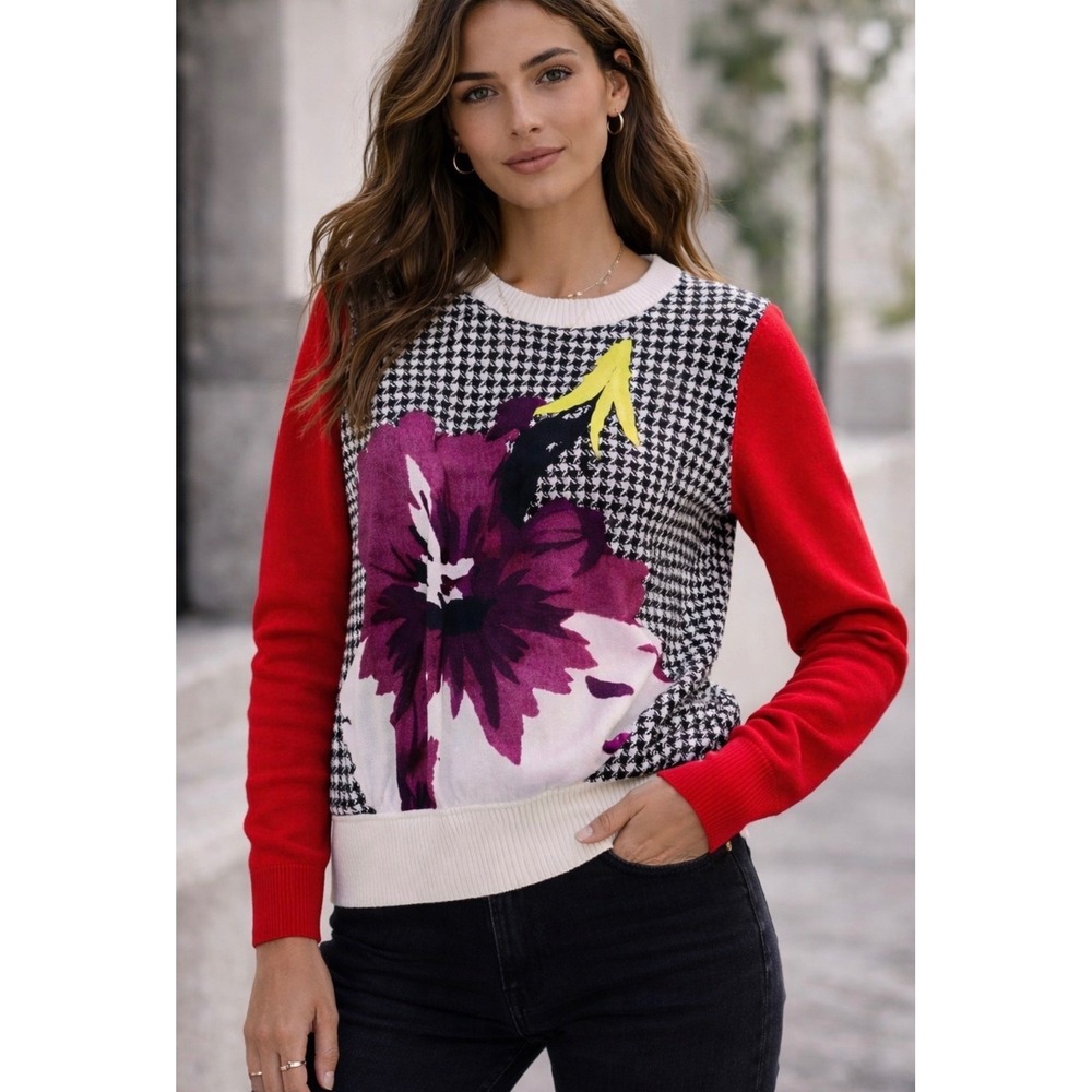Max Mara SportMax Houndstooth Floral Graphic Knit Jumper Sweater Sz L Maximalist